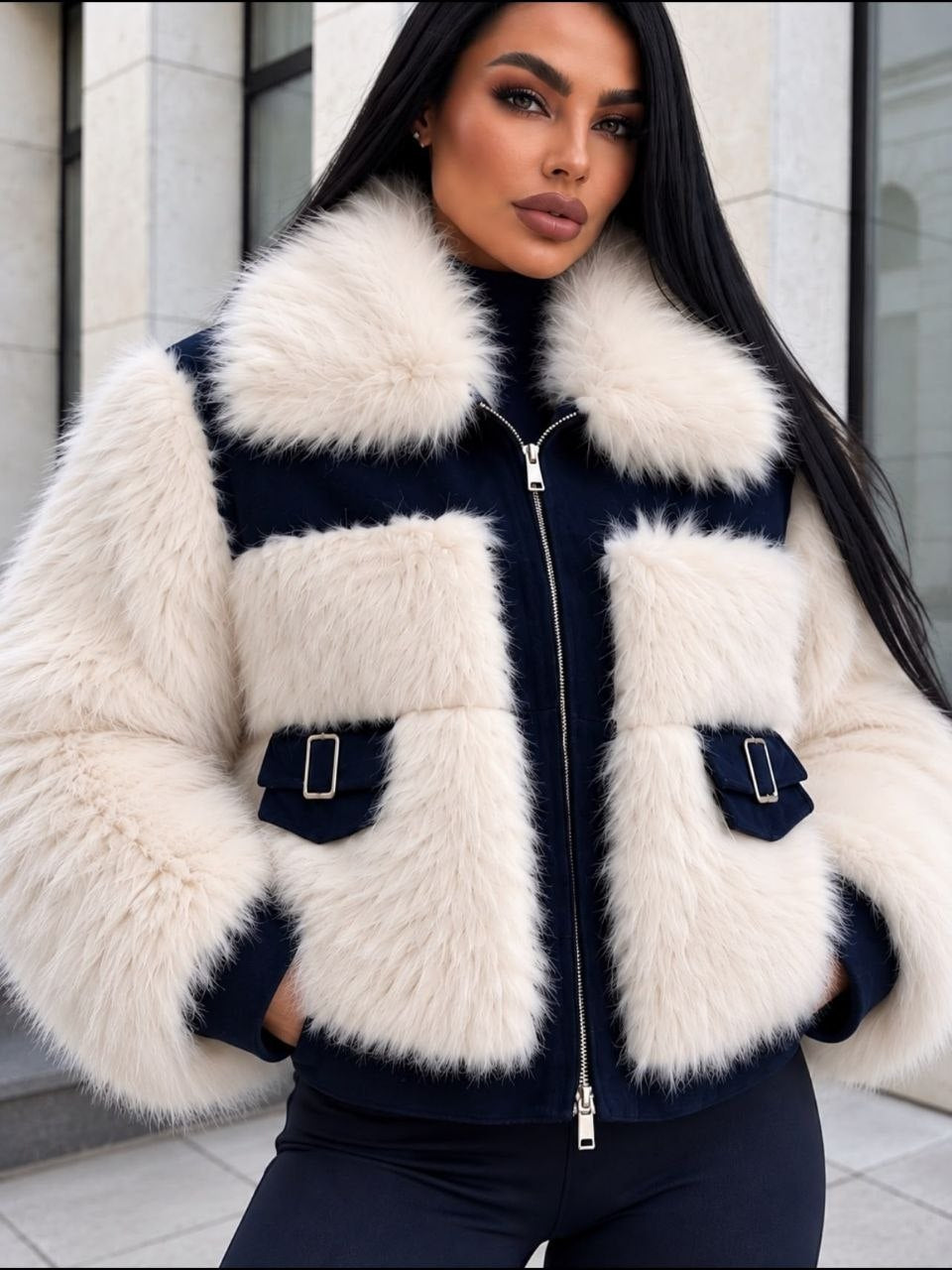 Kontrast Fırfırlı Süet Peplum Ceket - Siyah Beyaz
