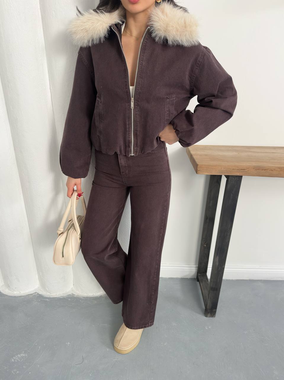 Kairi Kürk Yakalı Fermuarlı Bomber Ceket Pantolon Takımı - Kahverengi, Lacivert