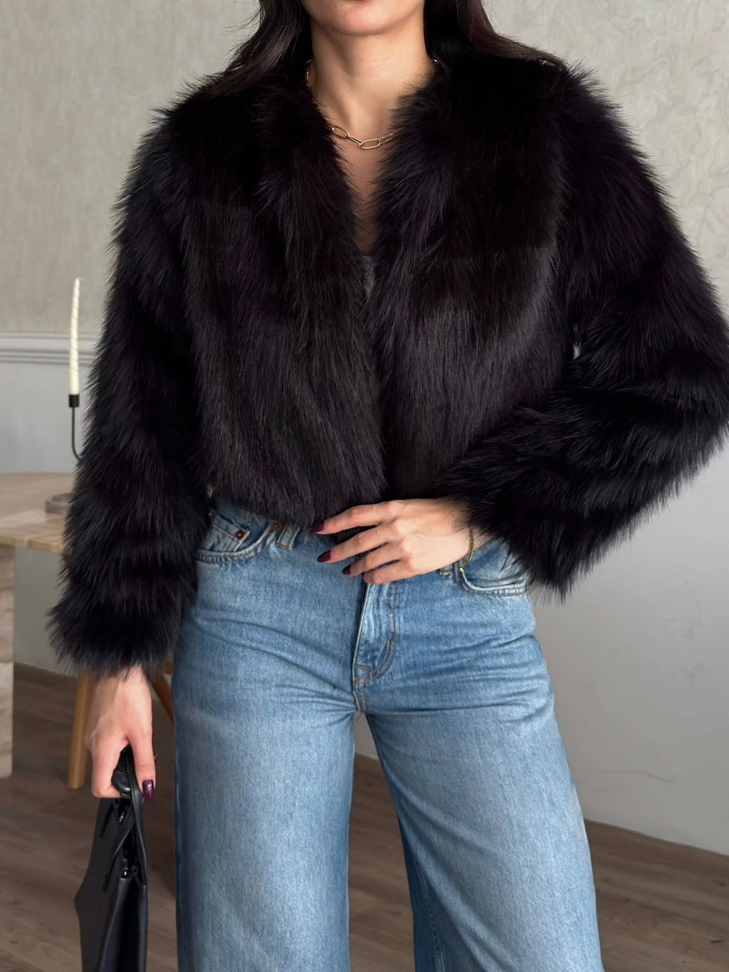Crop Peluş Suni Kürk Ceket
