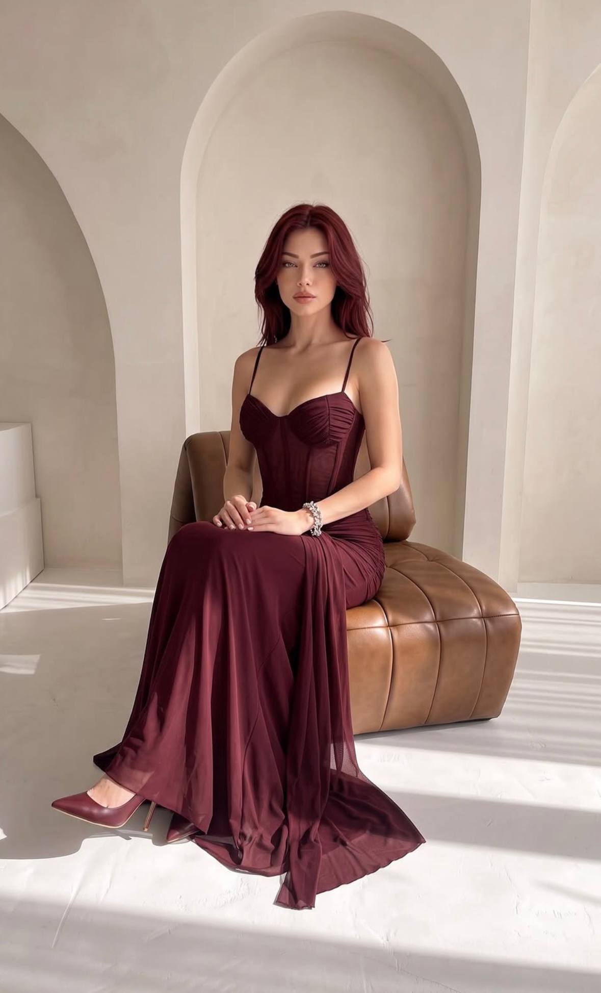 Korseli Drape Detaylı Saten Abiye Elbise