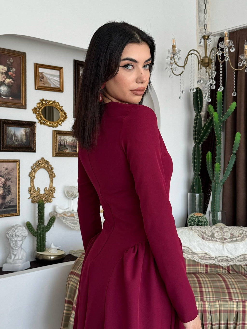 Belden Büzgülü Düz Yaka Elbise - Uzun Kollu Kadın Elbise
