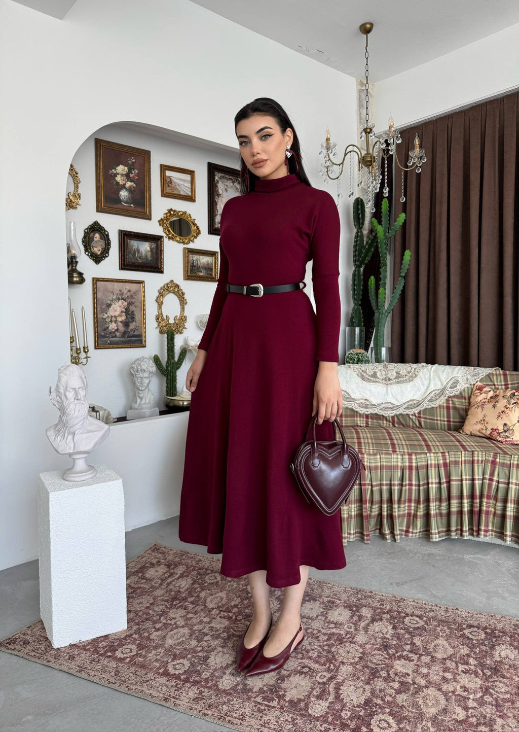 Triko Kemerli Balıkçı Yaka Elbise - Uzun Kollu Kadın Elbise
