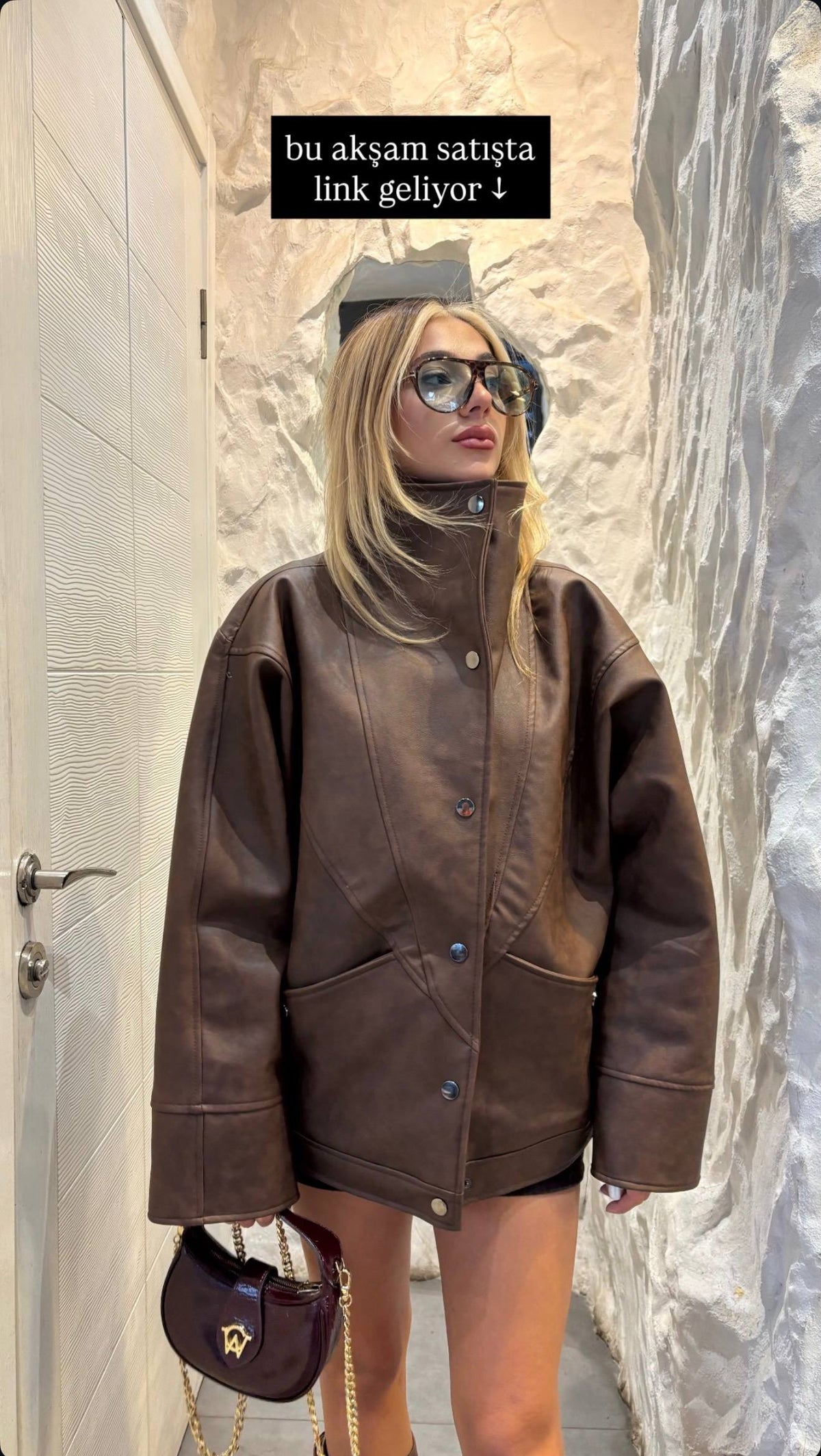 Oversize Suni Deri Ceket - Yüksek Yaka Kadın Deri Ceket Modelleri