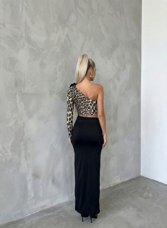 Bfashion Leopar Desenli Tek Omuz Yırtmaçlı Elbise