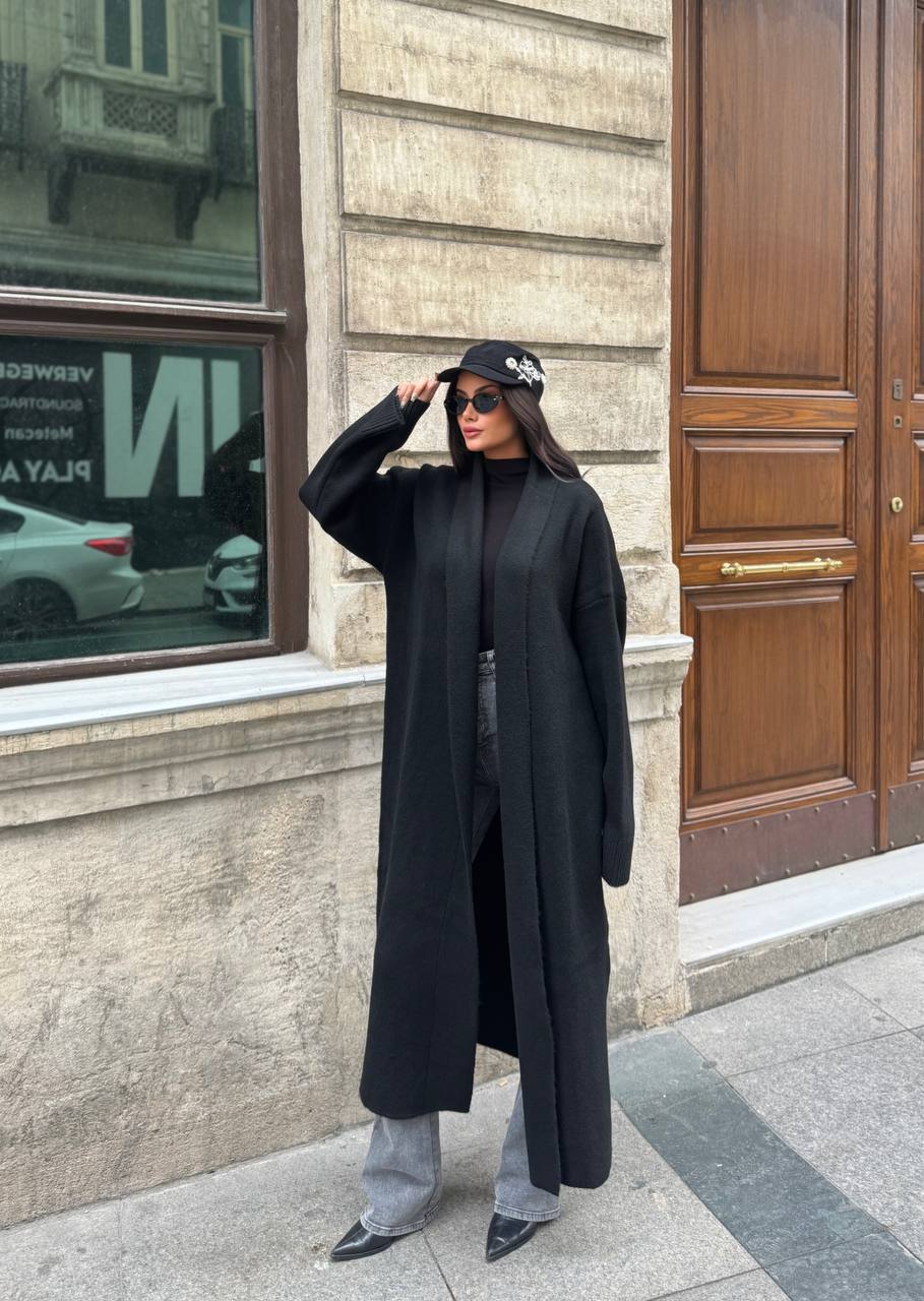 Selanik Örgü Şal Yaka Oversize Maxi Kadın Hırka