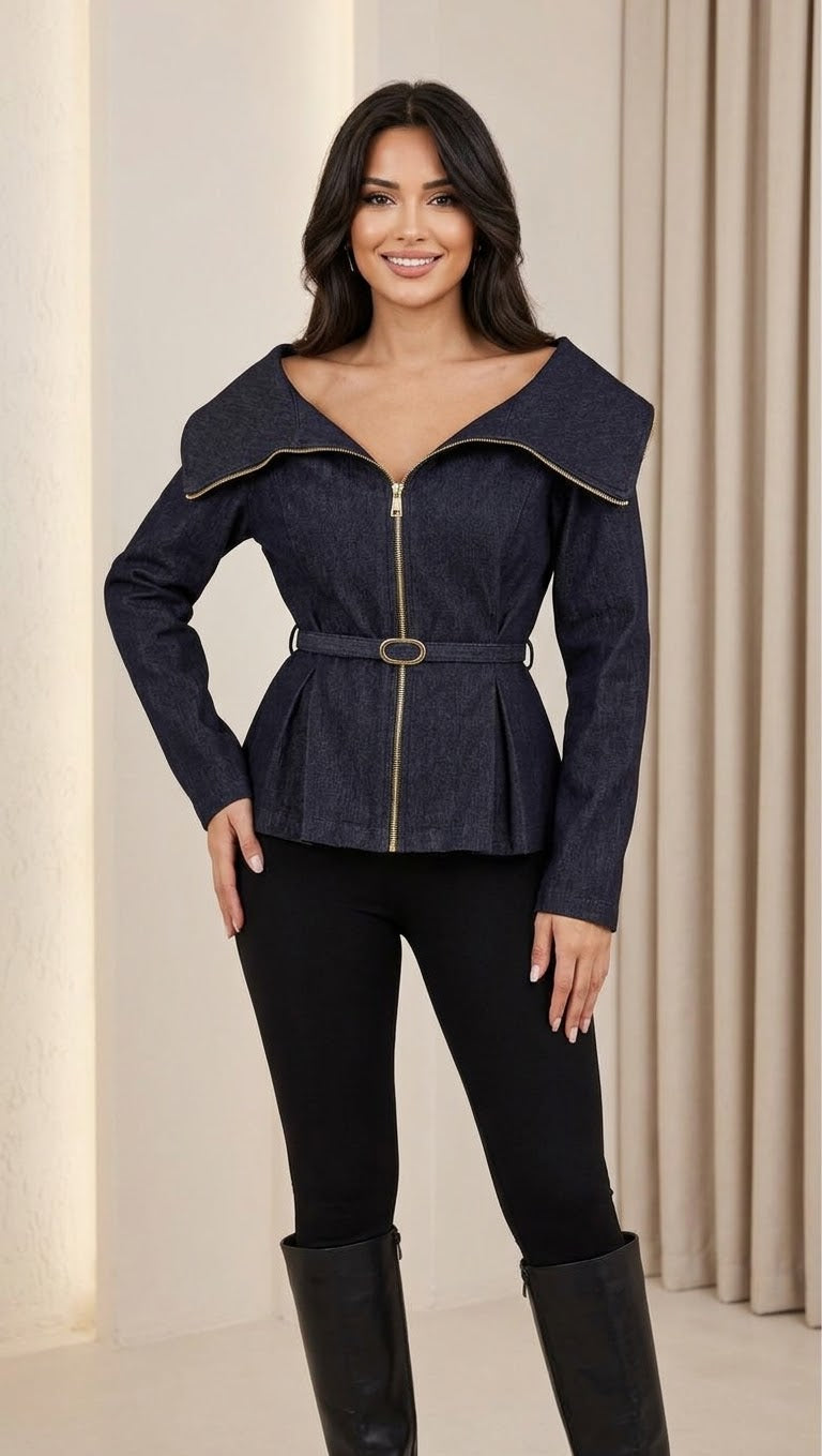 Büyük Yaka Fermuarlı Kemerli Denim Gömlek Ceket - Lacivert