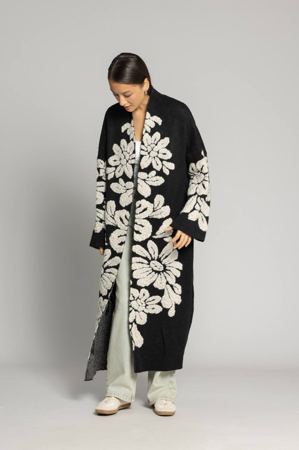 Tanya Çiçek Desenli Premium Triko Hırka - Uzun Oversize Kadın Hırka