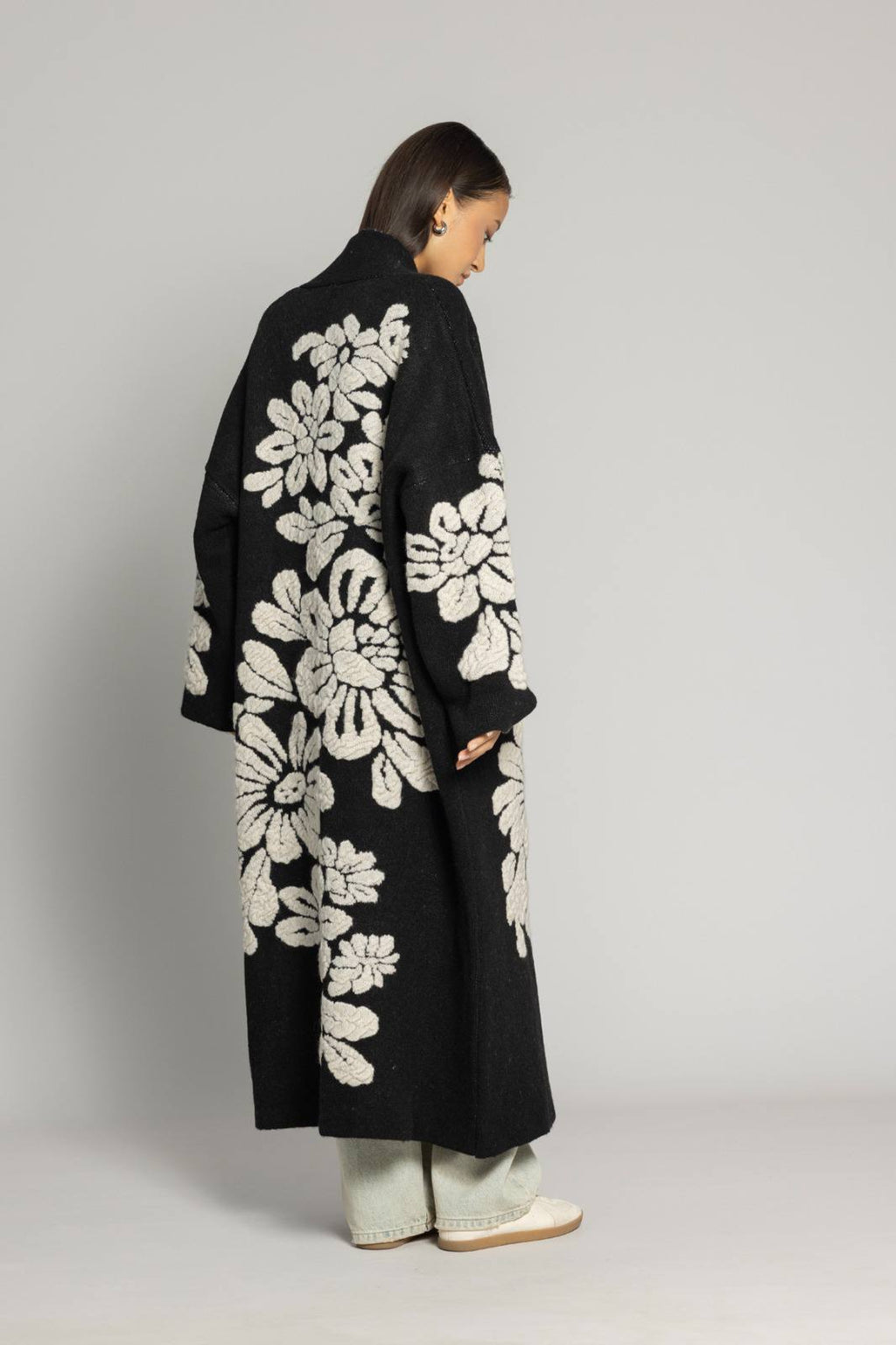 Tanya Çiçek Desenli Premium Triko Hırka - Uzun Oversize Kadın Hırka