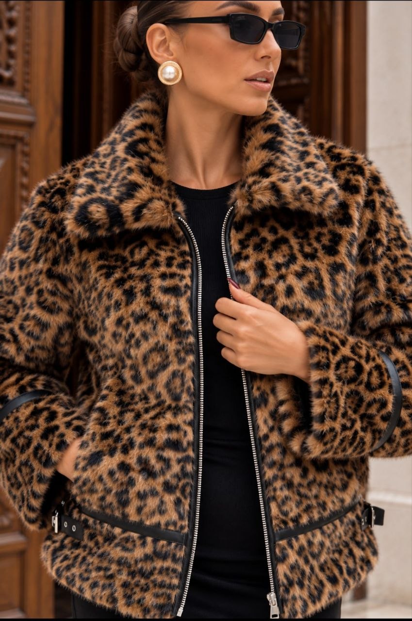 Leopar Deri Şeritli Kaban