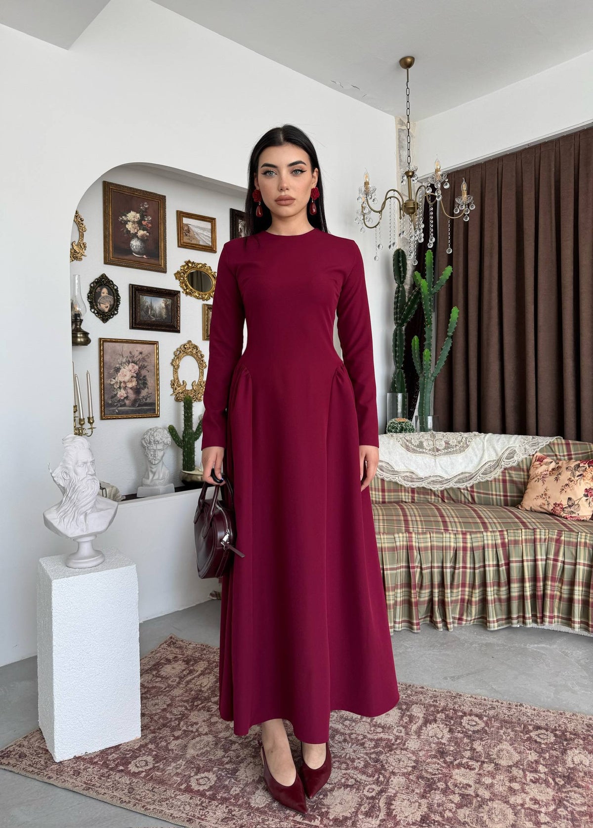 Belden Büzgülü Düz Yaka Elbise - Uzun Kollu Kadın Elbise