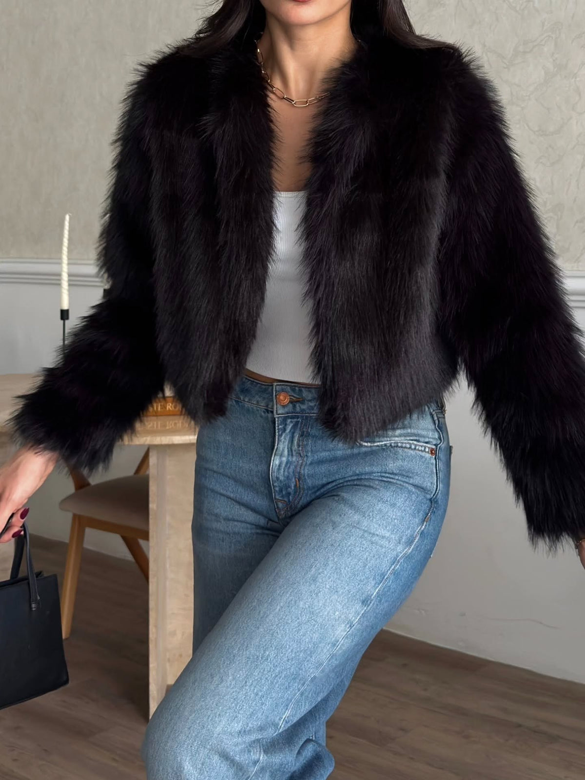 Crop Peluş Suni Kürk Ceket