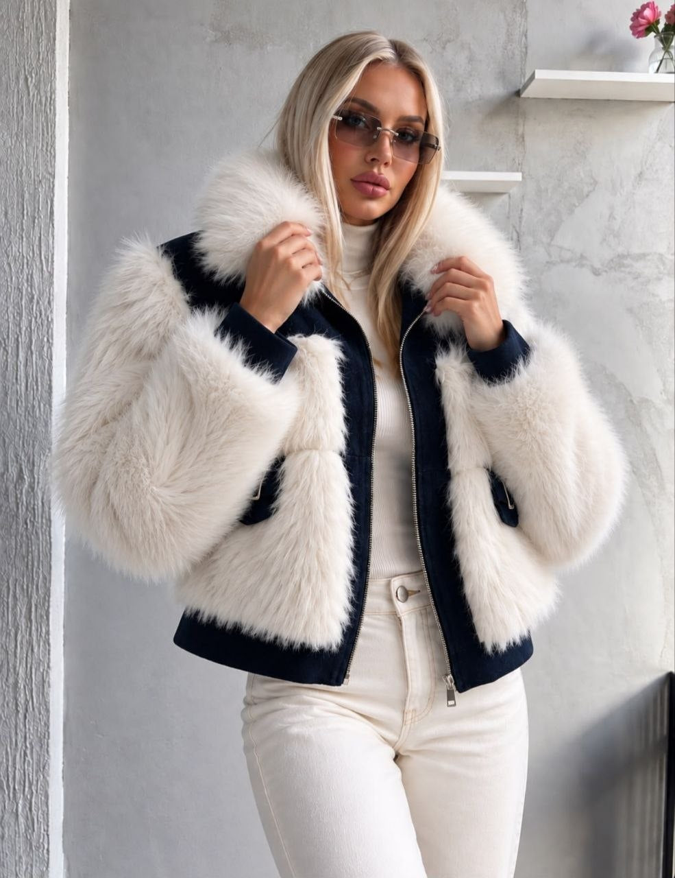 Kontrast Fırfırlı Süet Peplum Ceket - Siyah Beyaz