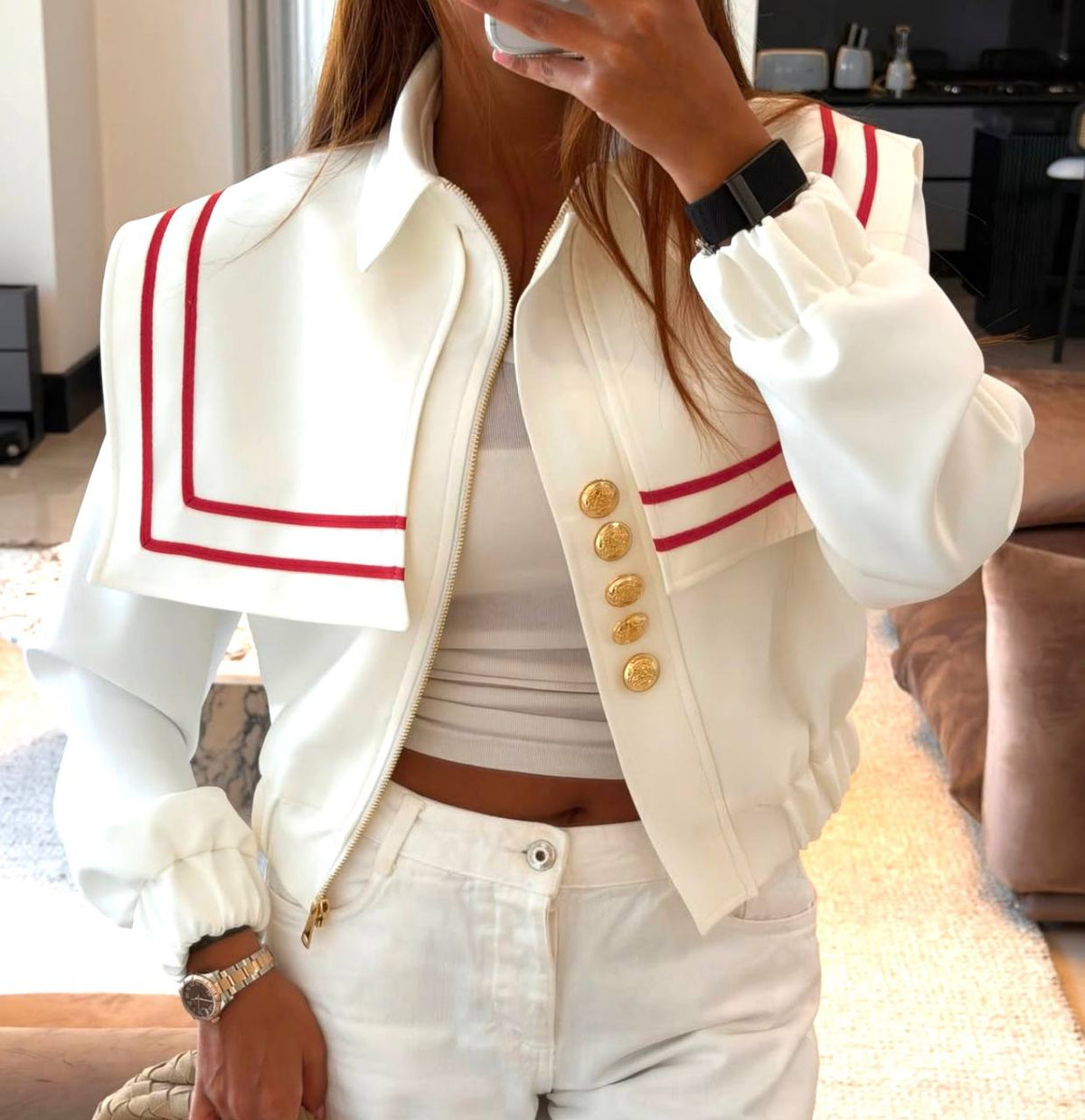 Denizci Yaka Gold Düğmeli Crop Ceket