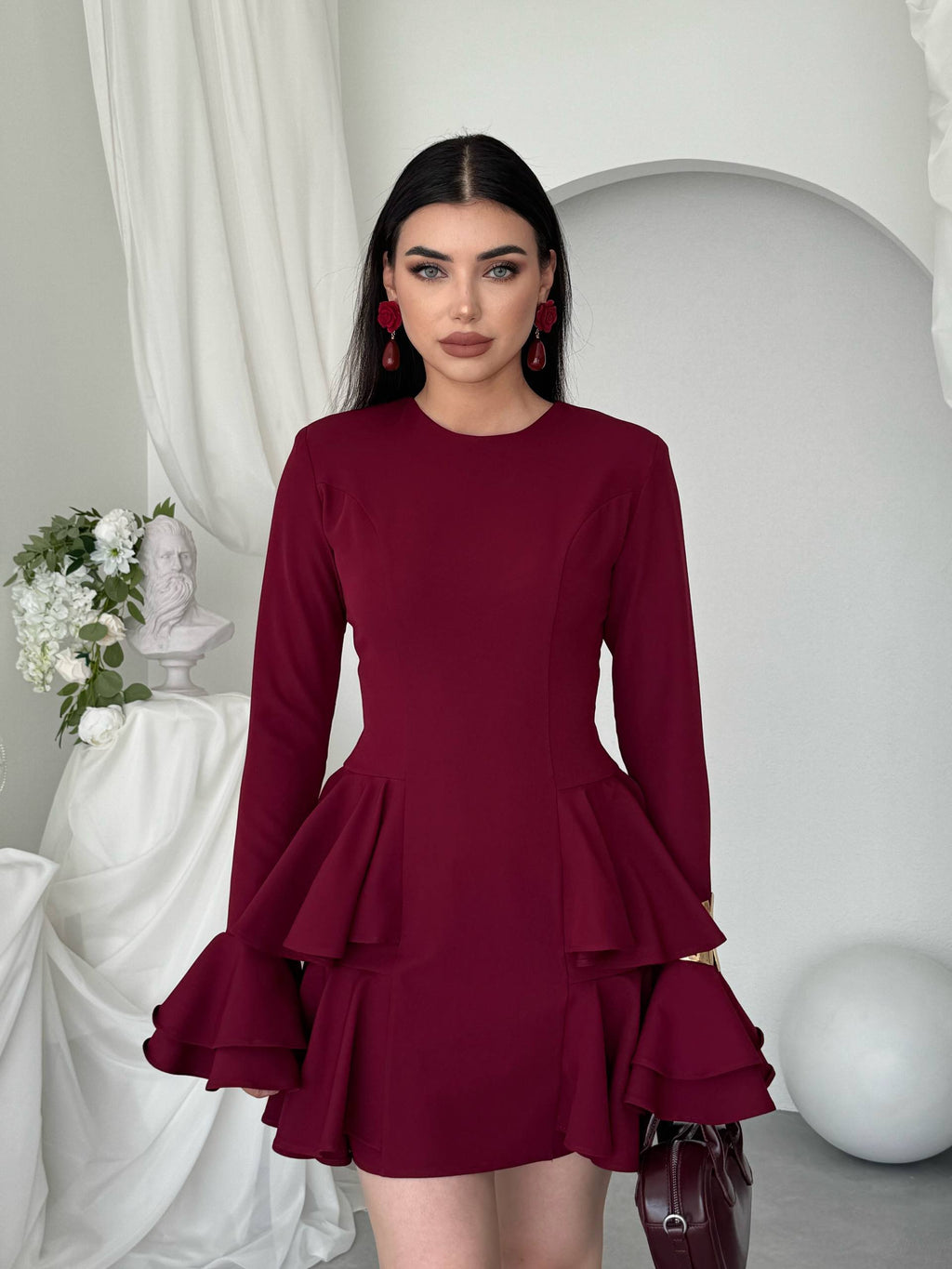 Çift Volanlı Kollu Mini Elbise - Peplum Detaylı Kadın Elbise