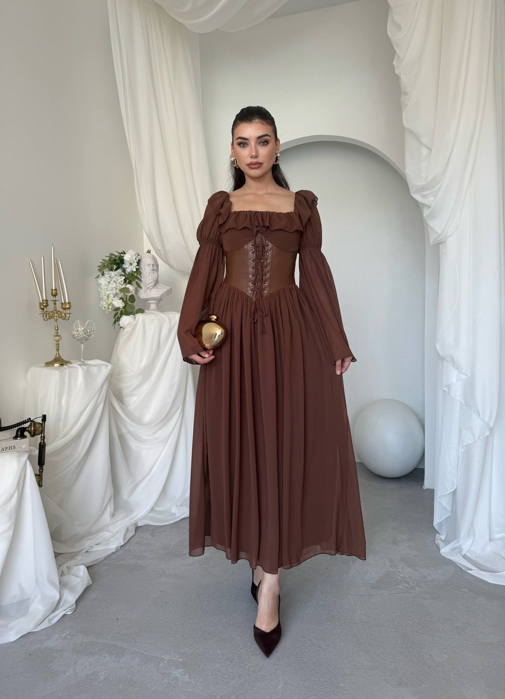 Deri Korseli Fırfırlı Yaka Elbise - Uzun Kollu Kadın Elbise