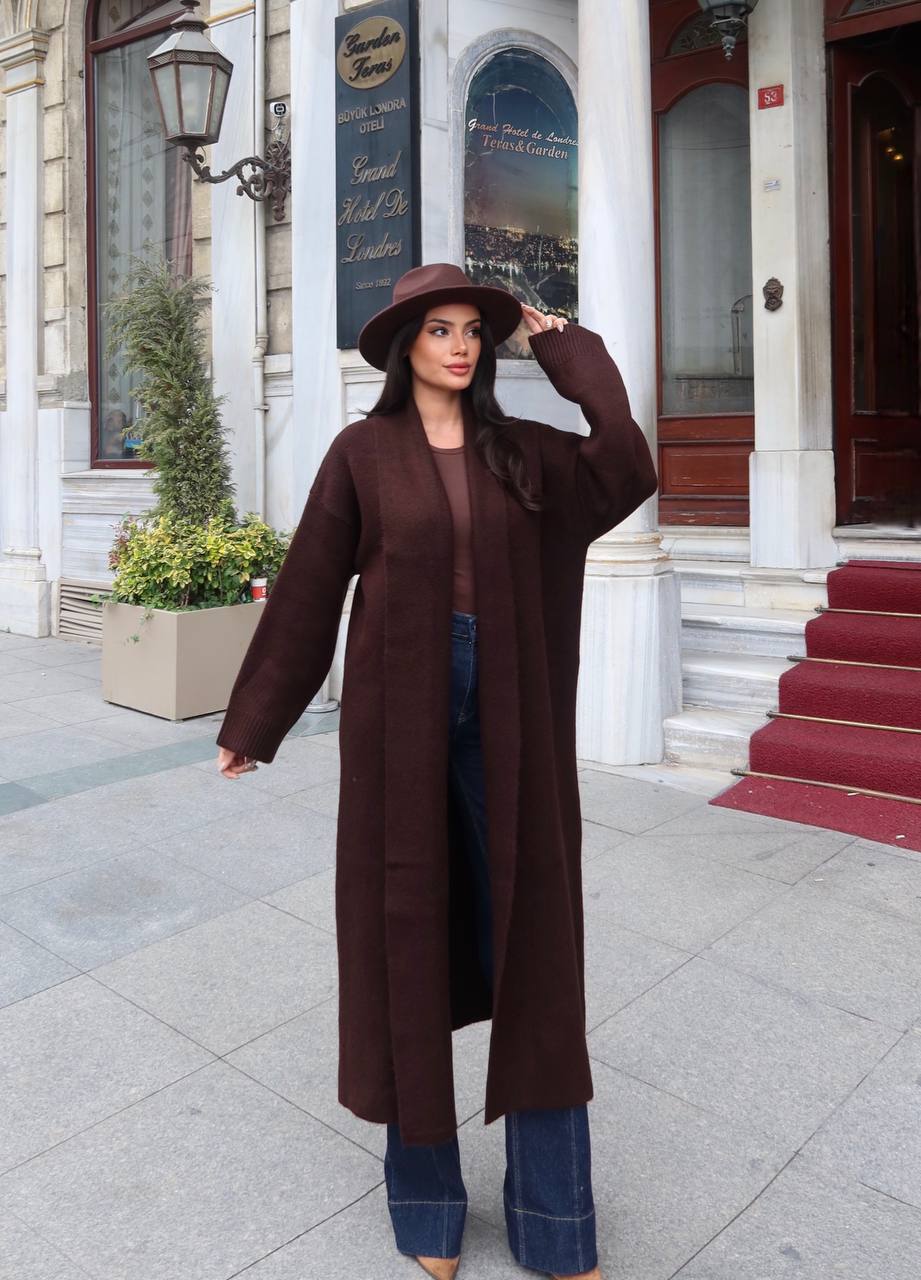 Selanik Örgü Şal Yaka Oversize Maxi Kadın Hırka