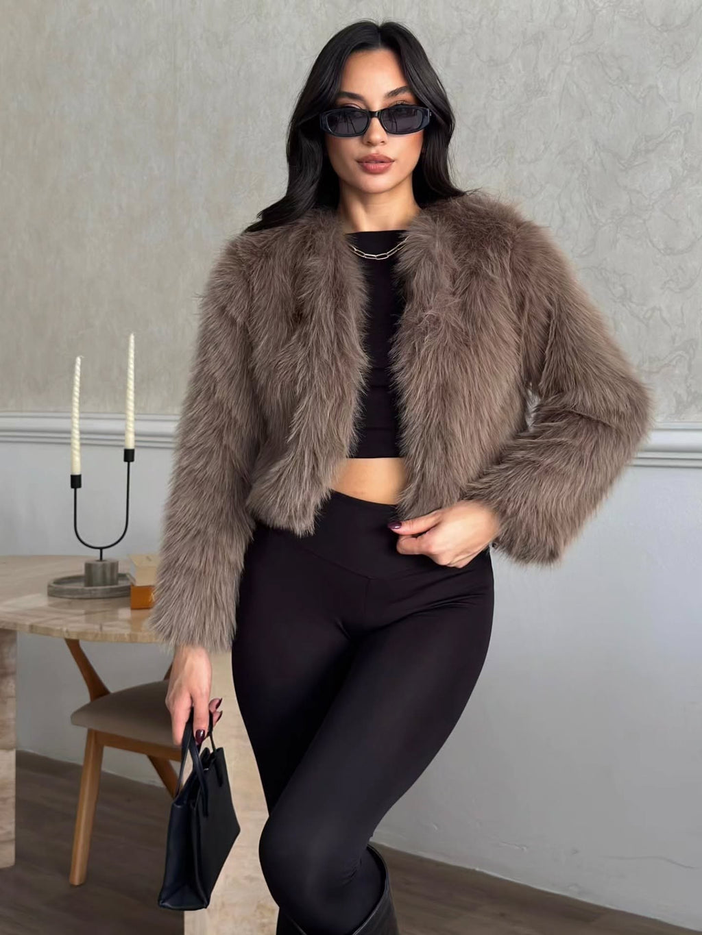 Crop Peluş Suni Kürk Ceket