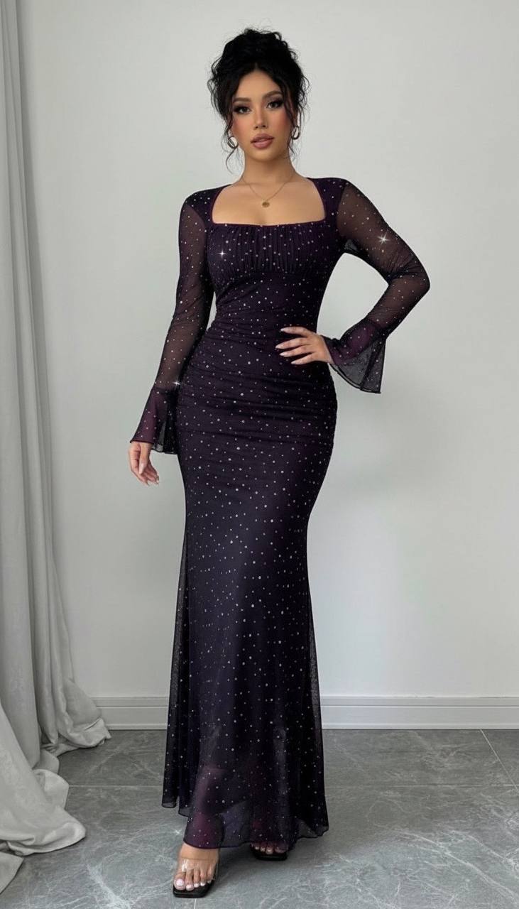 Taş İşlemeli Tül Payetli Mermaid Maxi Elbise - 2 Renk