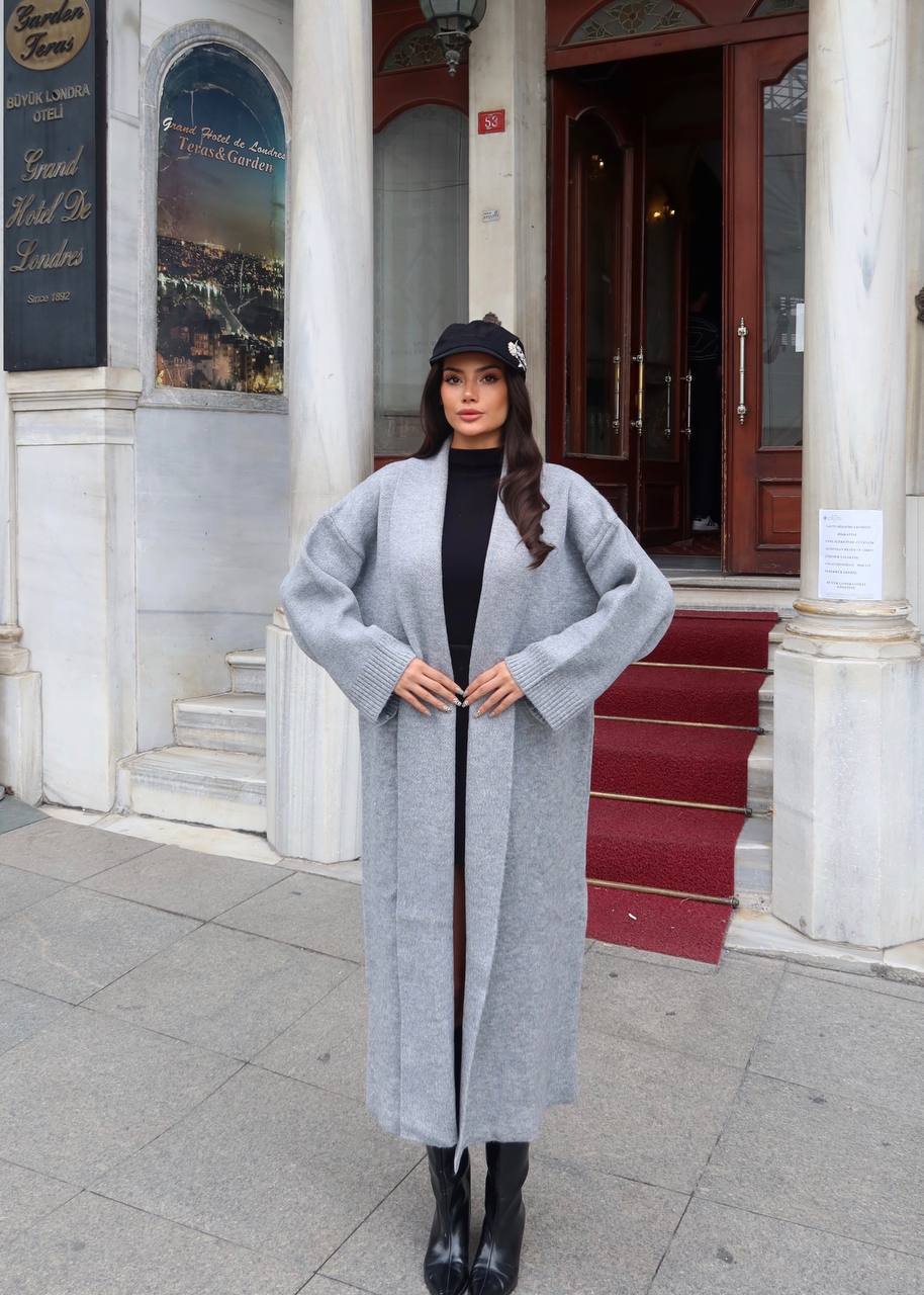 Selanik Örgü Şal Yaka Oversize Maxi Kadın Hırka