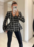 Ekose Vatkalı Peplum Bluz