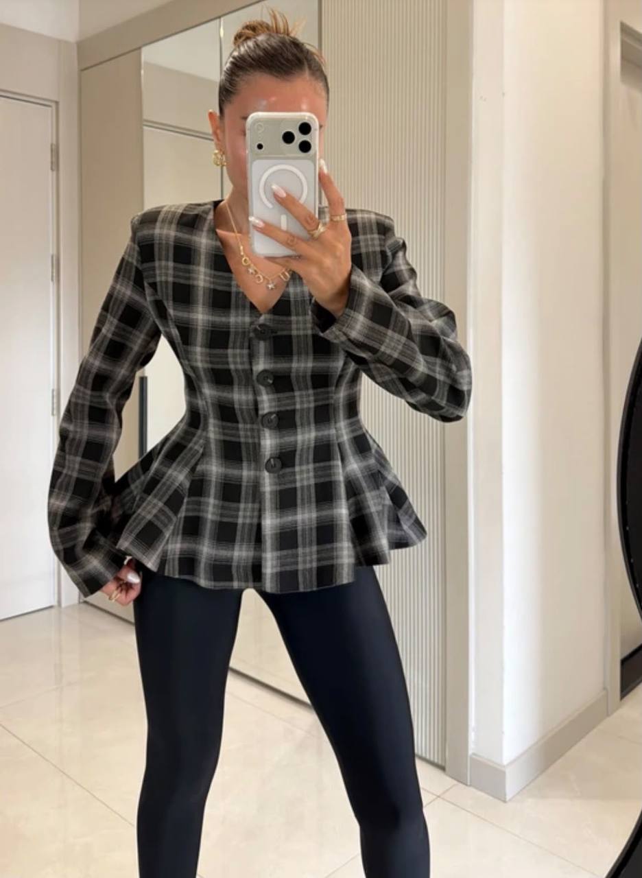 Ekose Vatkalı Peplum Bluz