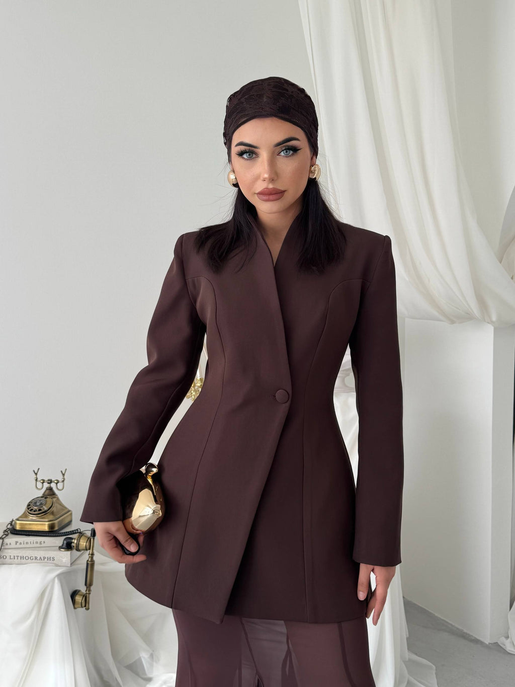 Yaka Detaylı Blazer Ceket Şifon Etek Takım - Uzun Kollu Kadın Takım Elbise