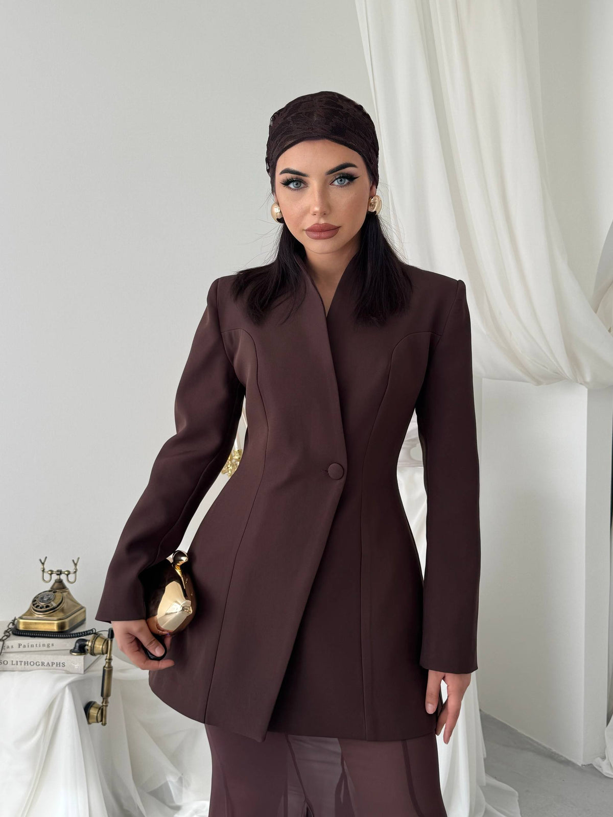 Yaka Detaylı Blazer Ceket Şifon Etek Takım - Uzun Kollu Kadın Takım Elbise