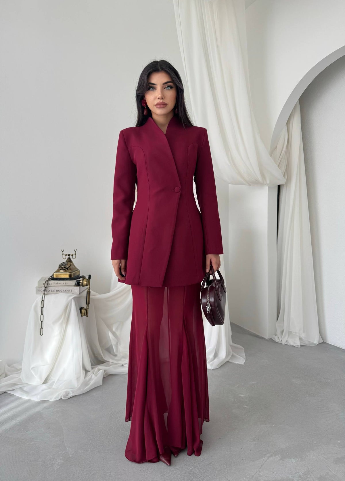 Yaka Detaylı Blazer Ceket Şifon Etek Takım - Uzun Kollu Kadın Takım Elbise