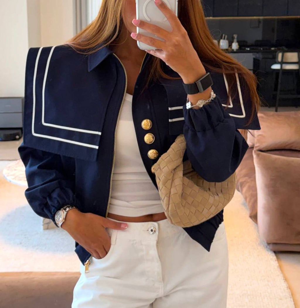 Denizci Yaka Gold Düğmeli Crop Ceket