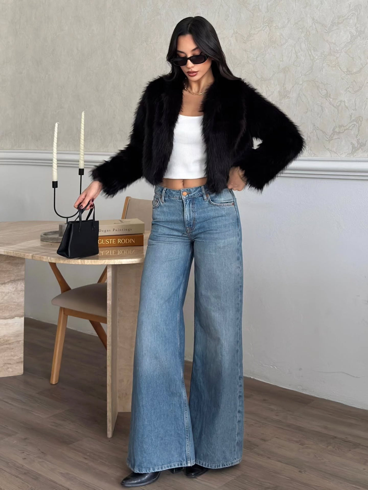 Crop Peluş Suni Kürk Ceket