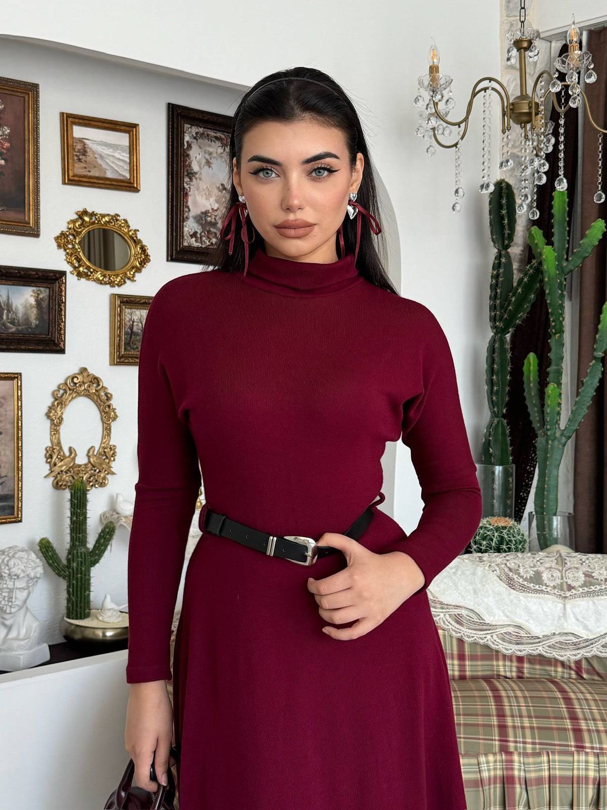 Triko Kemerli Balıkçı Yaka Elbise - Uzun Kollu Kadın Elbise
