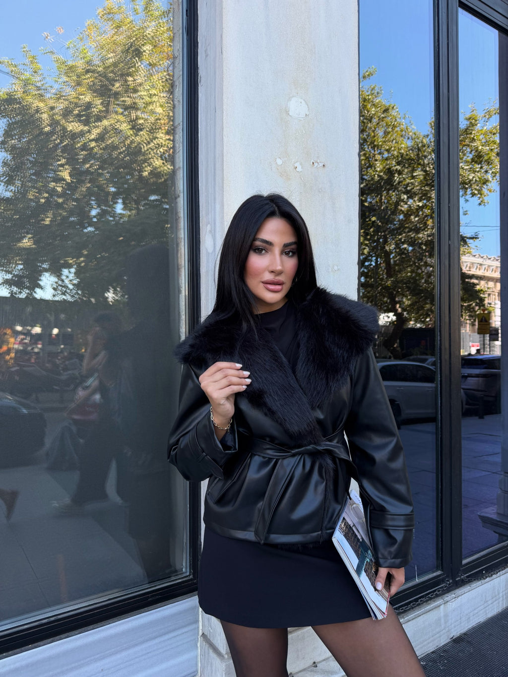 Kürk Yaka Kemerli Suni Deri Ceket - Şık Kadın Ceket Modelleri