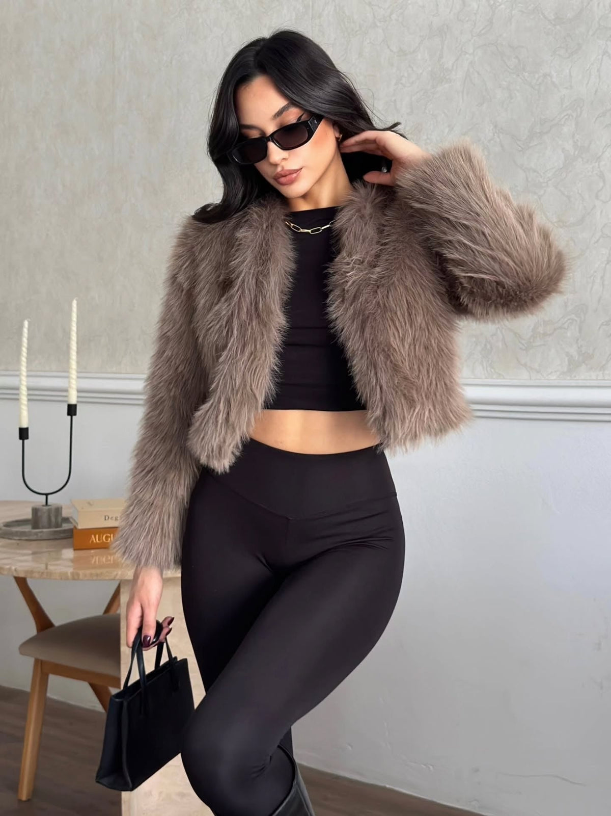 Crop Peluş Suni Kürk Ceket
