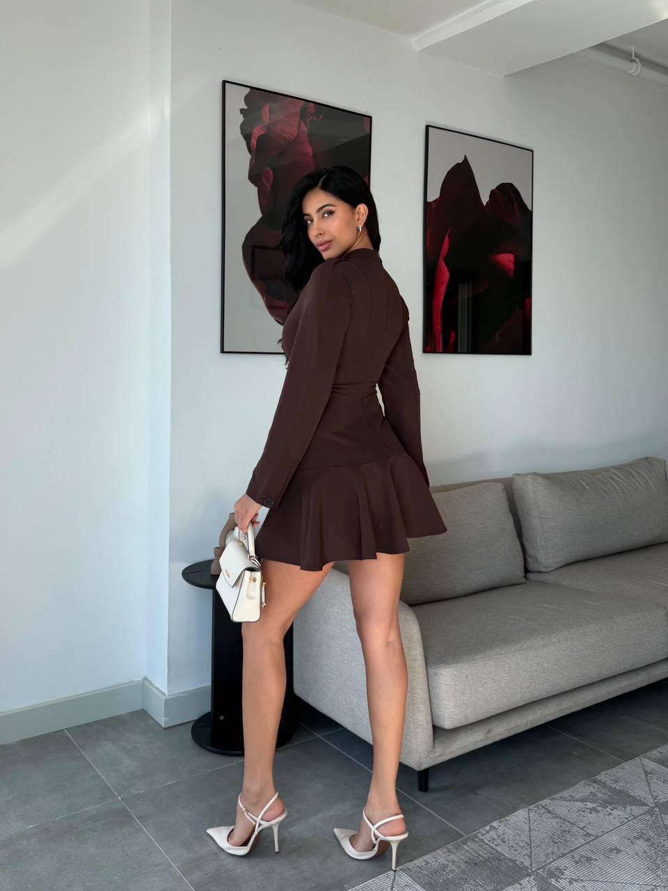 Düğme ve Volan Detaylı Blazer Elbise