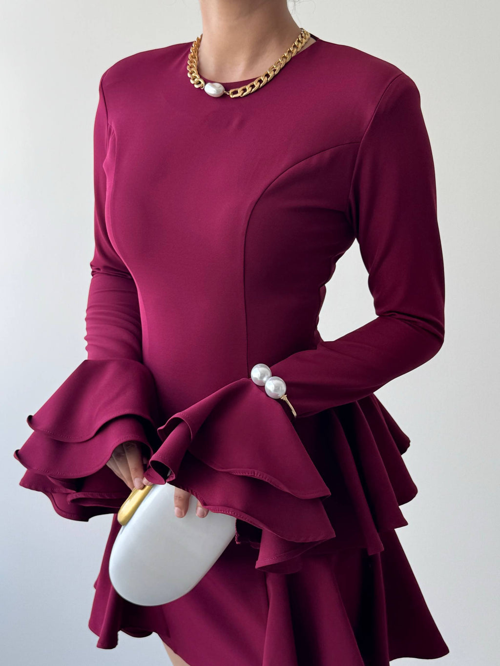 Çift Volanlı Kollu Mini Elbise - Peplum Detaylı Kadın Elbise