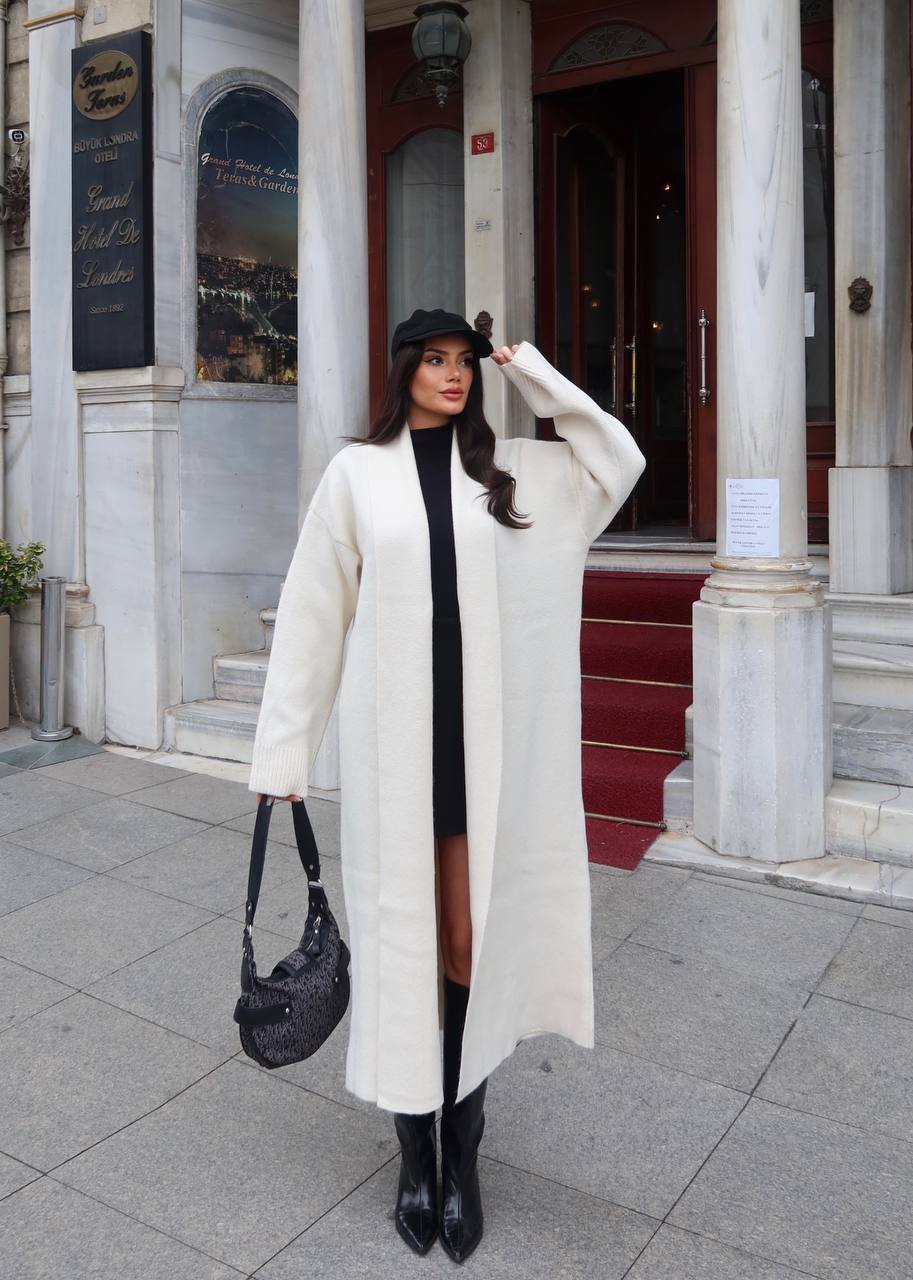 Selanik Örgü Şal Yaka Oversize Maxi Kadın Hırka