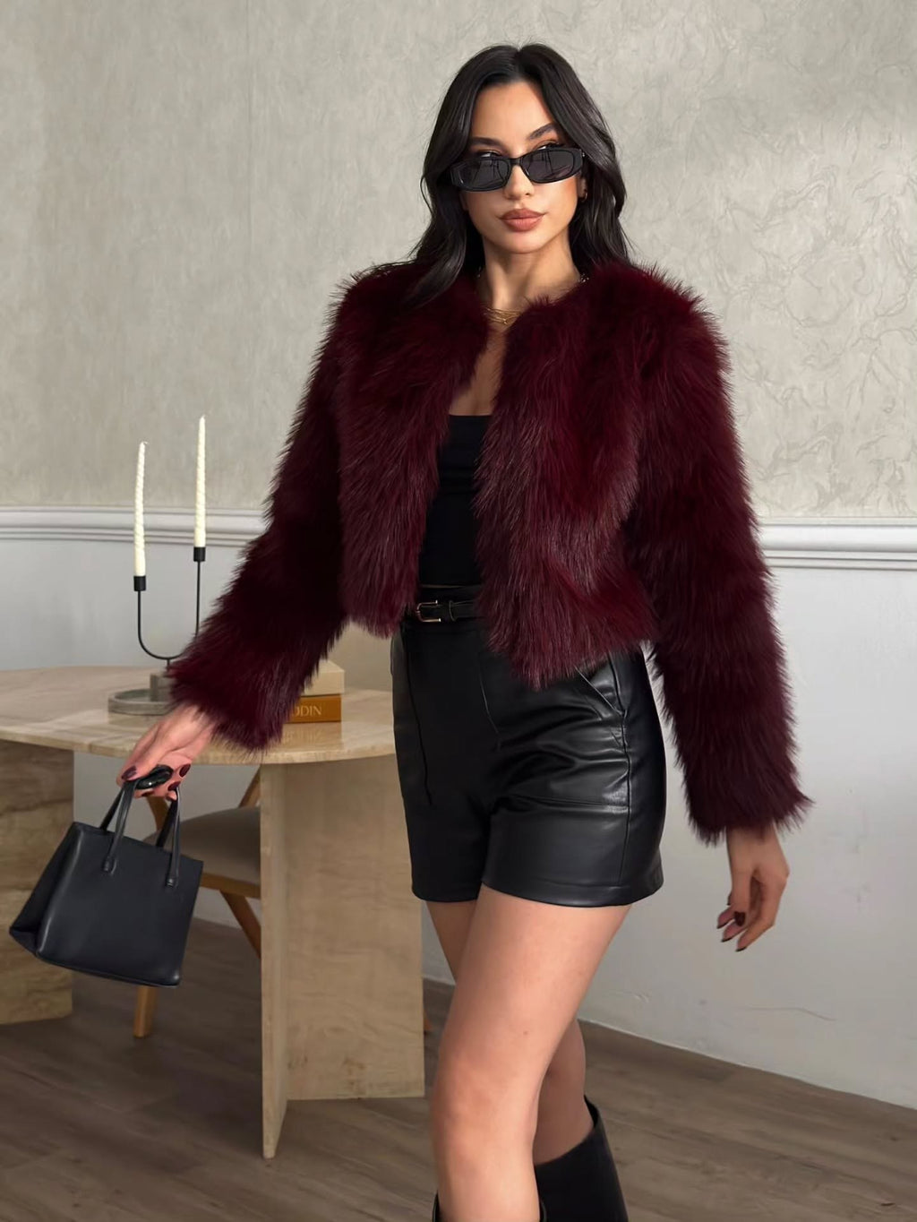 Crop Peluş Suni Kürk Ceket