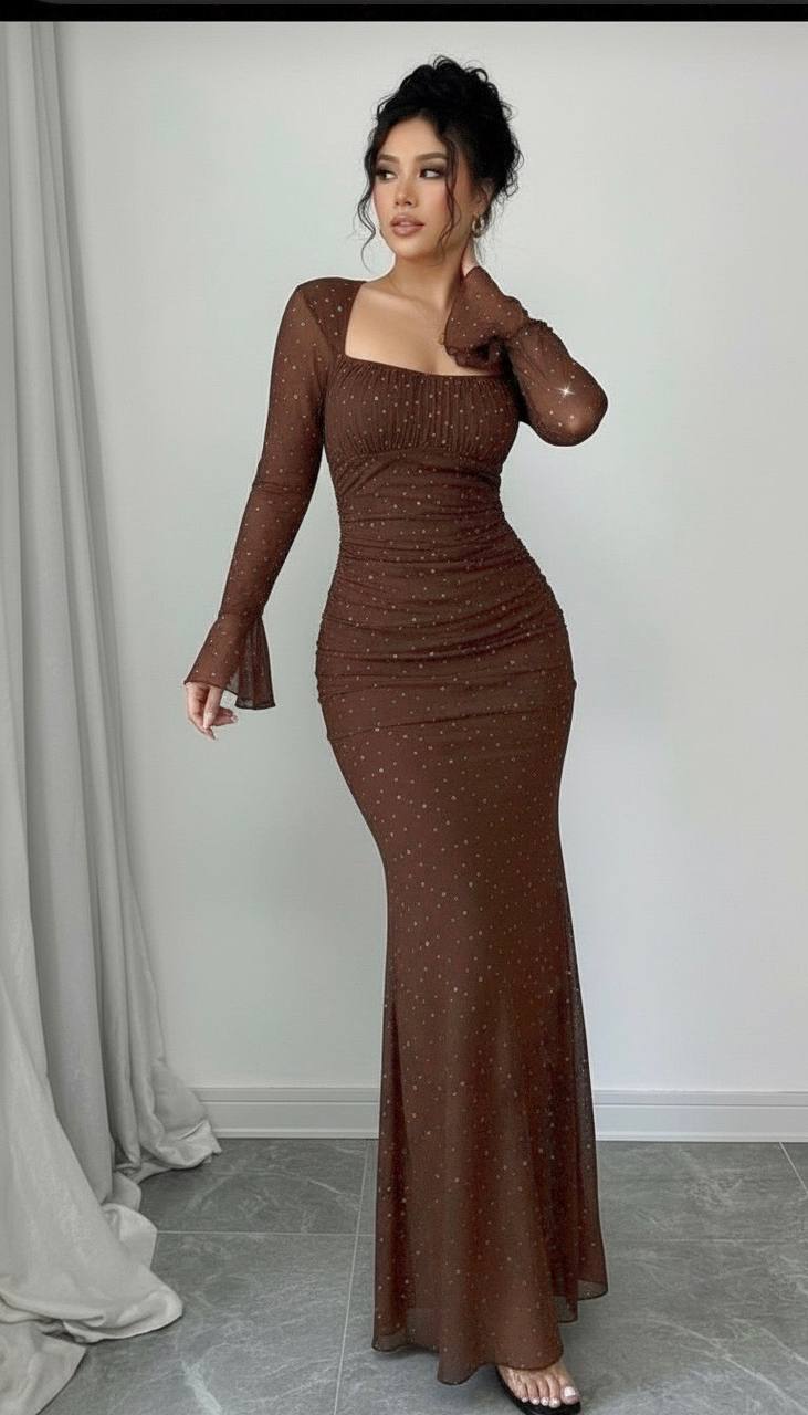 Taş İşlemeli Tül Payetli Mermaid Maxi Elbise - 2 Renk