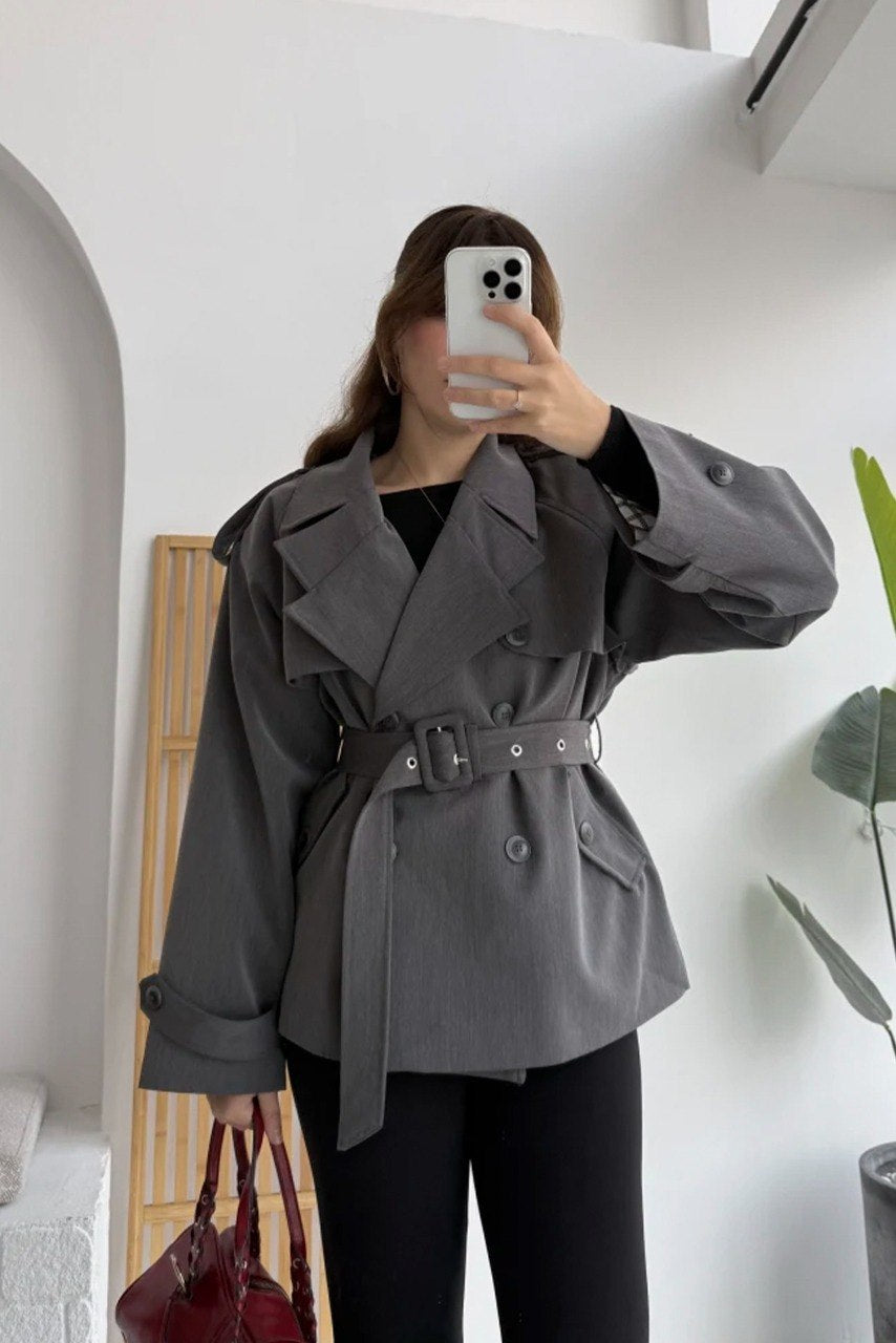 Kuşaklı Oversize Kısa Trençkot