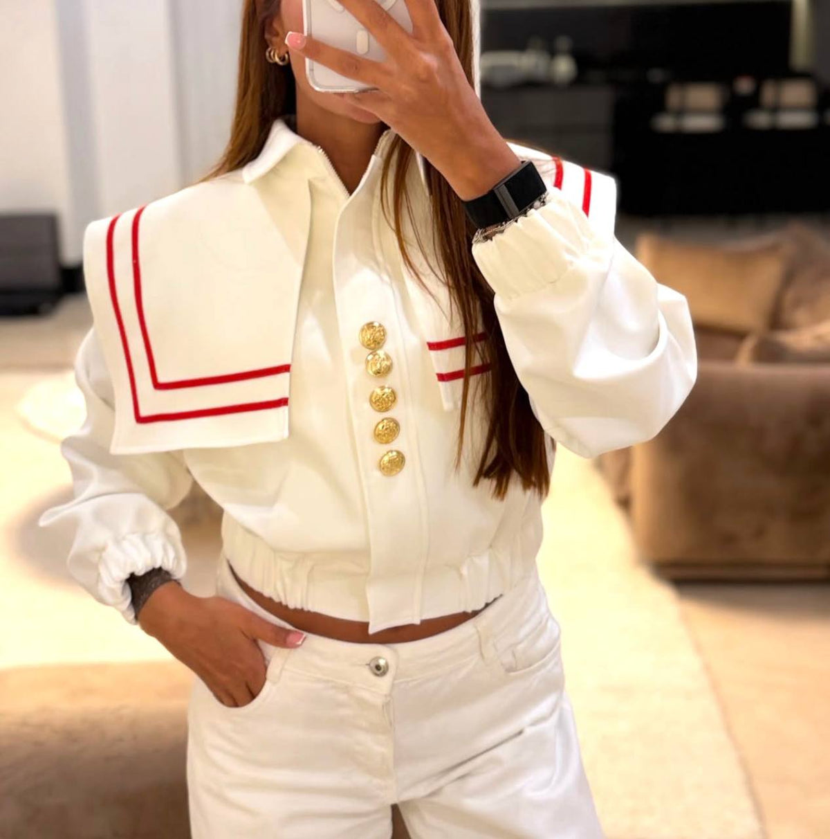 Denizci Yaka Gold Düğmeli Crop Ceket