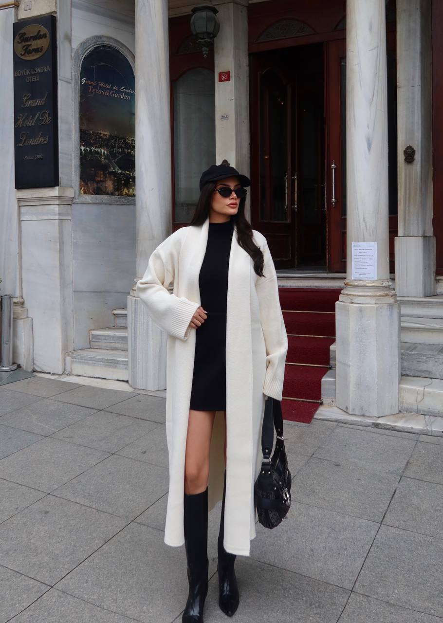 Selanik Örgü Şal Yaka Oversize Maxi Kadın Hırka