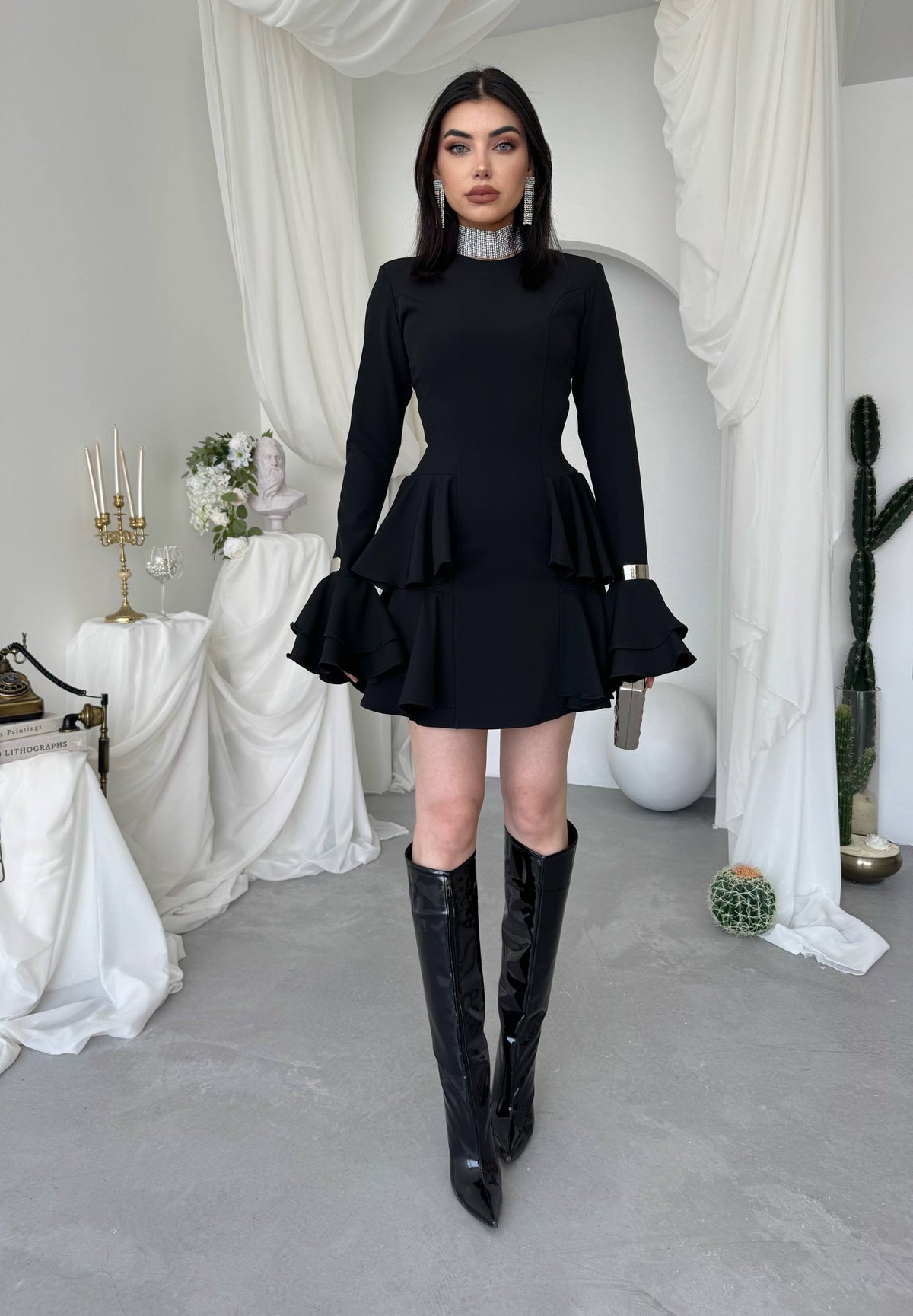 Çift Volanlı Kollu Mini Elbise - Peplum Detaylı Kadın Elbise