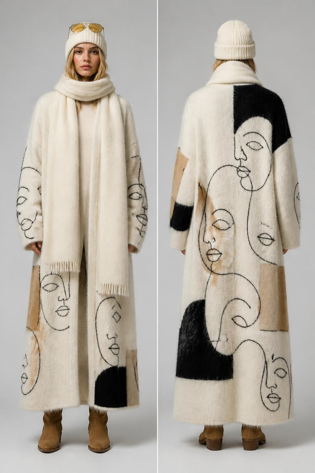 Çizgi Yüz Desenli Soyut Sanat Atkılı Uzun Triko Tasarım Hırka - Krem