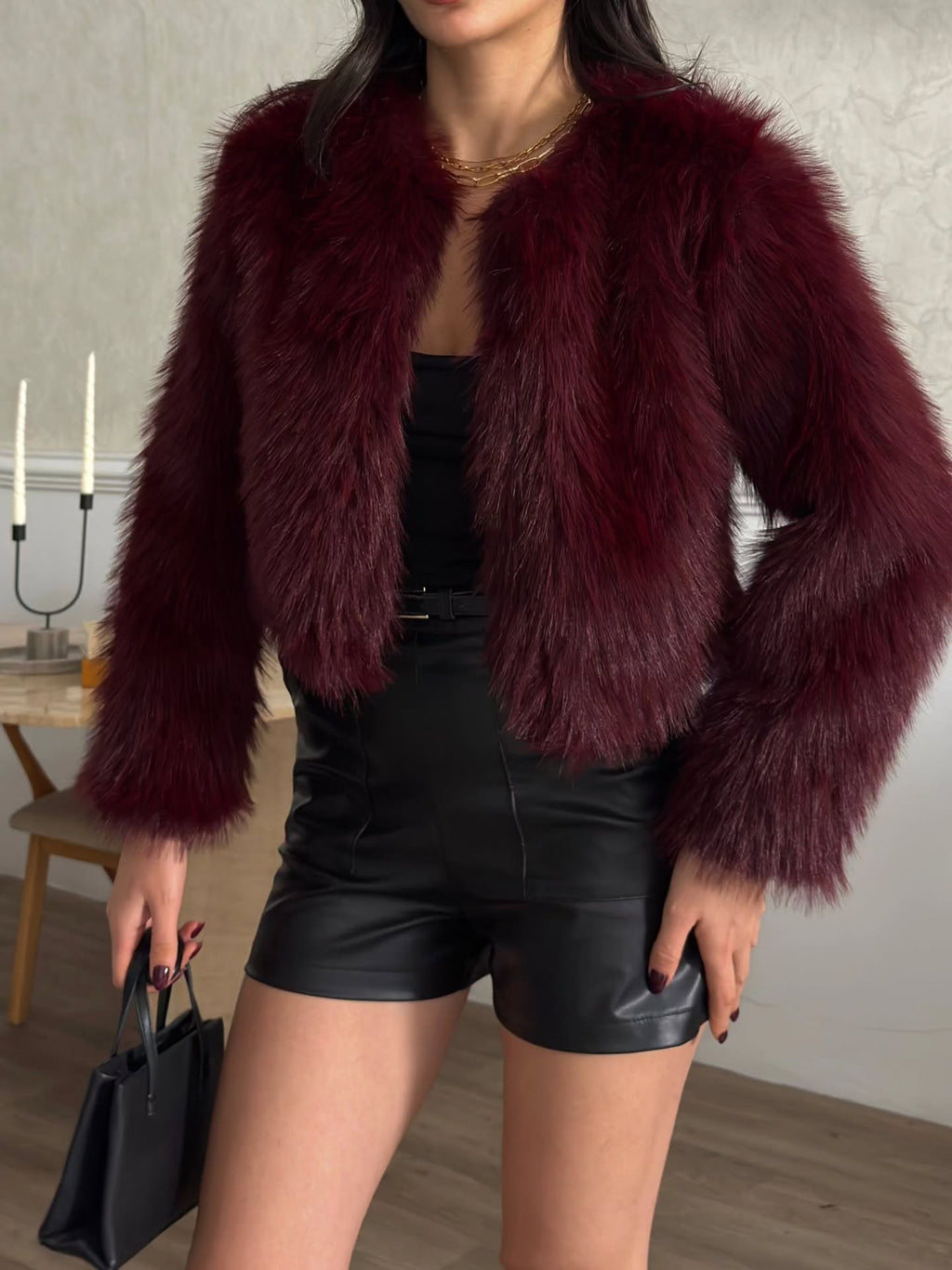 Crop Peluş Suni Kürk Ceket