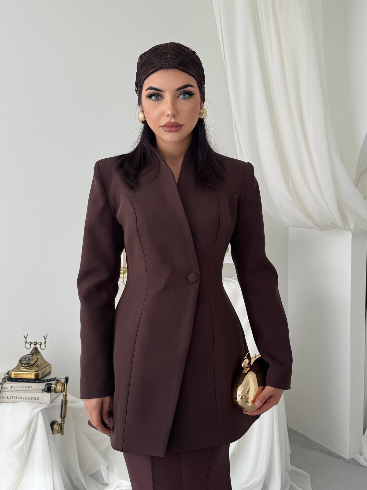 Yaka Detaylı Blazer Ceket Şifon Etek Takım - Uzun Kollu Kadın Takım Elbise