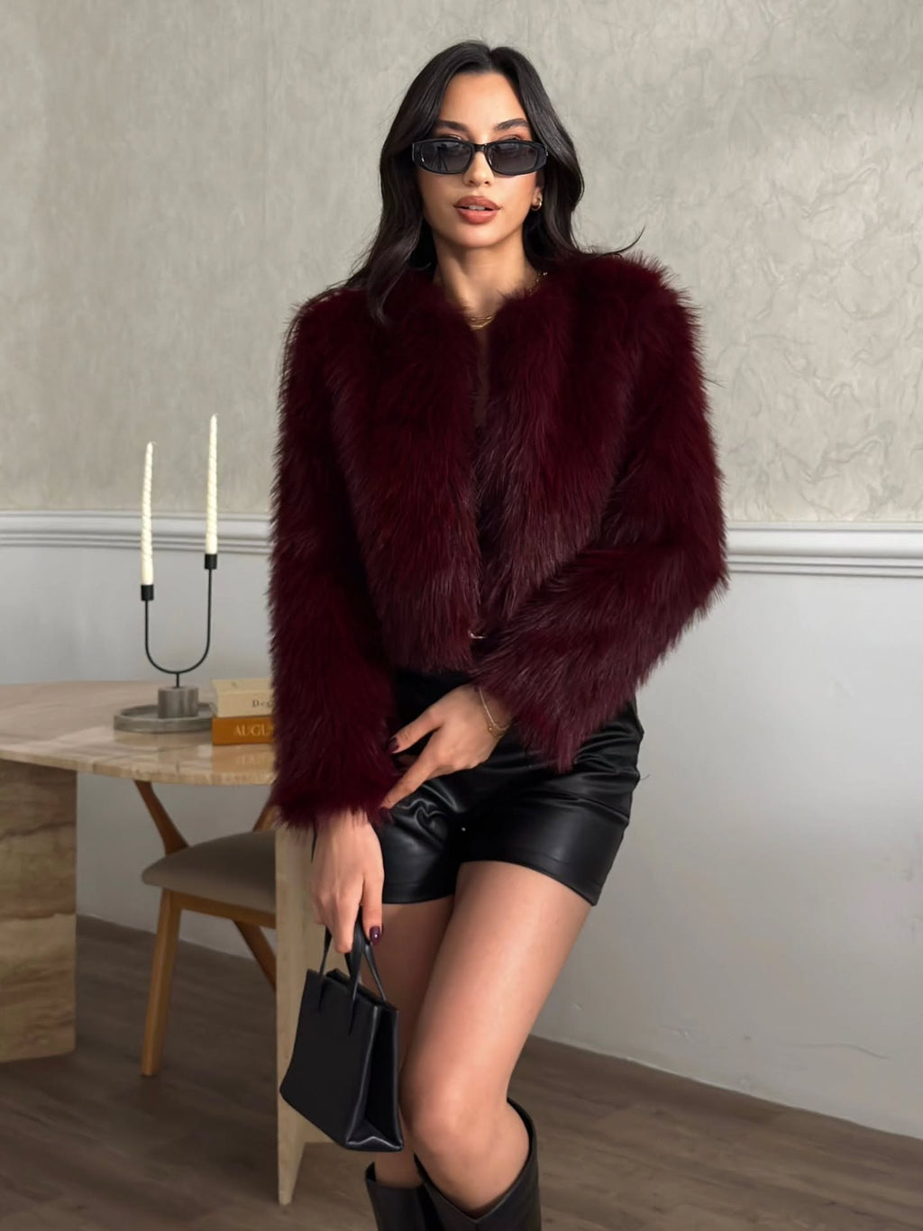 Crop Peluş Suni Kürk Ceket