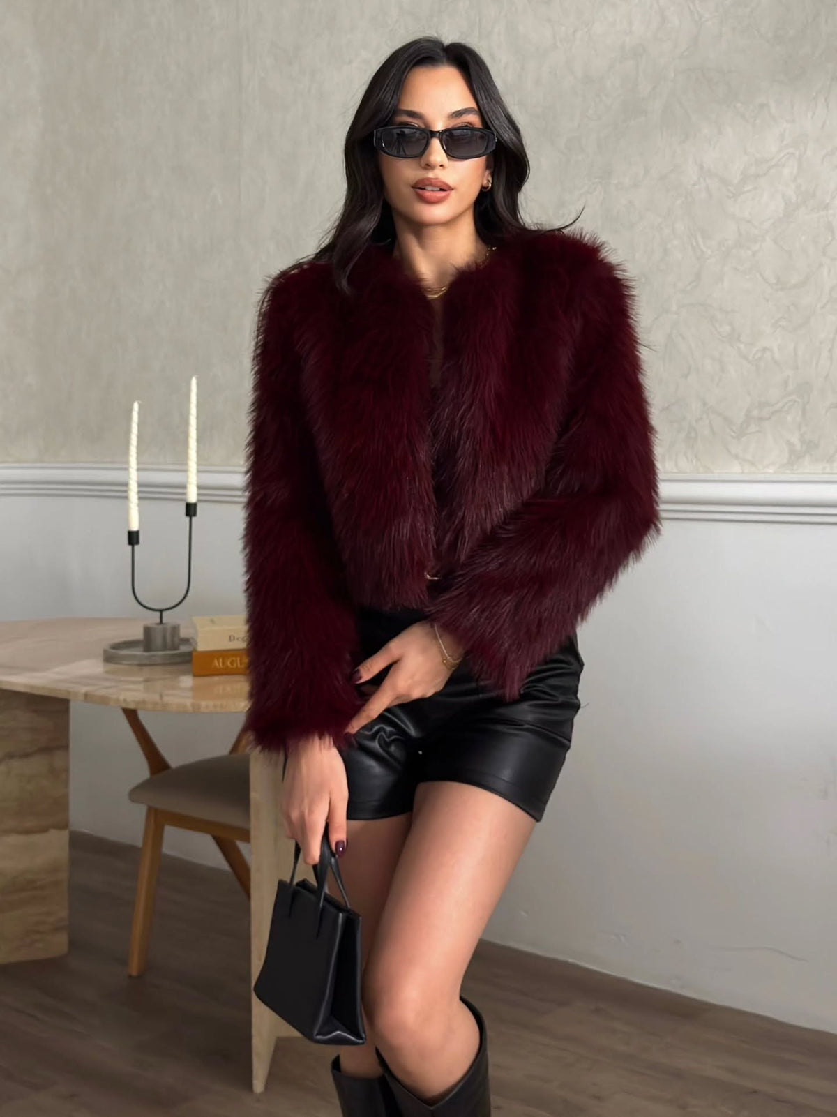 Crop Peluş Suni Kürk Ceket