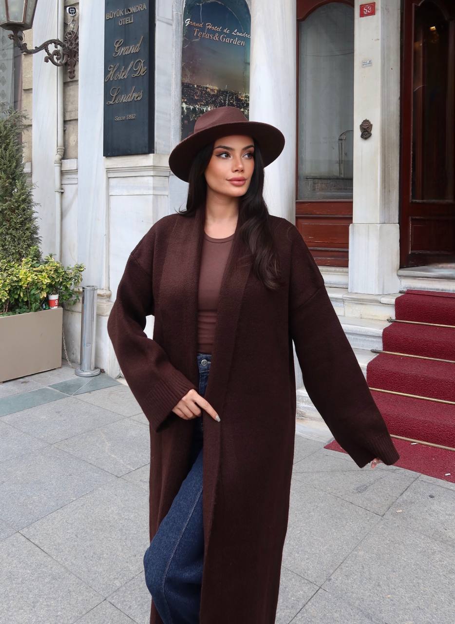 Selanik Örgü Şal Yaka Oversize Maxi Kadın Hırka