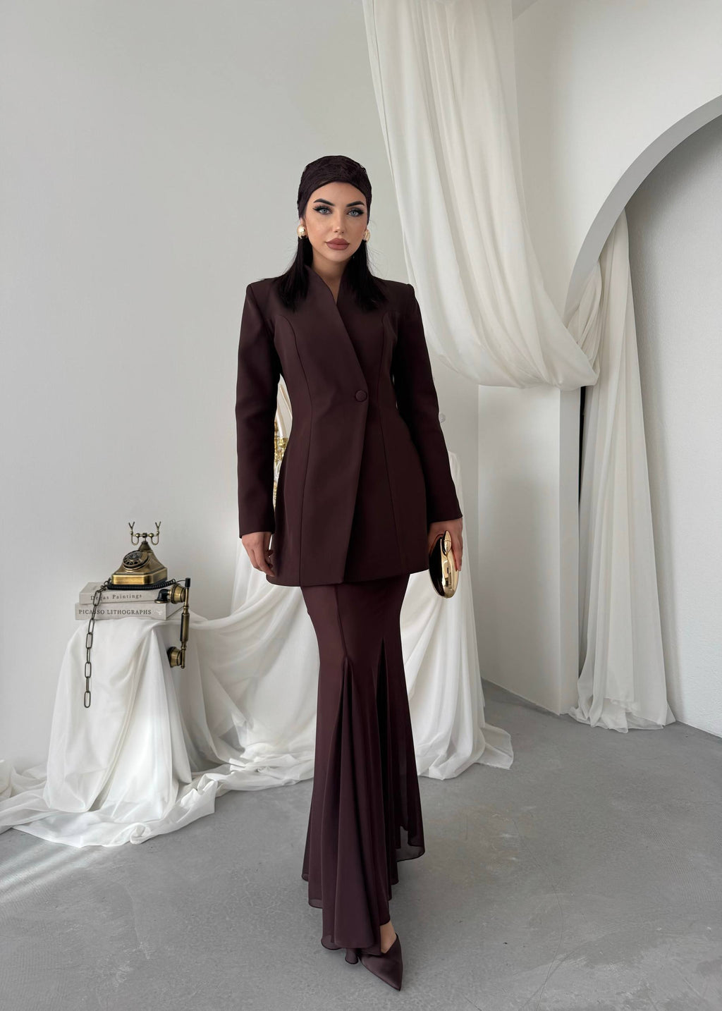 Yaka Detaylı Blazer Ceket Şifon Etek Takım - Uzun Kollu Kadın Takım Elbise