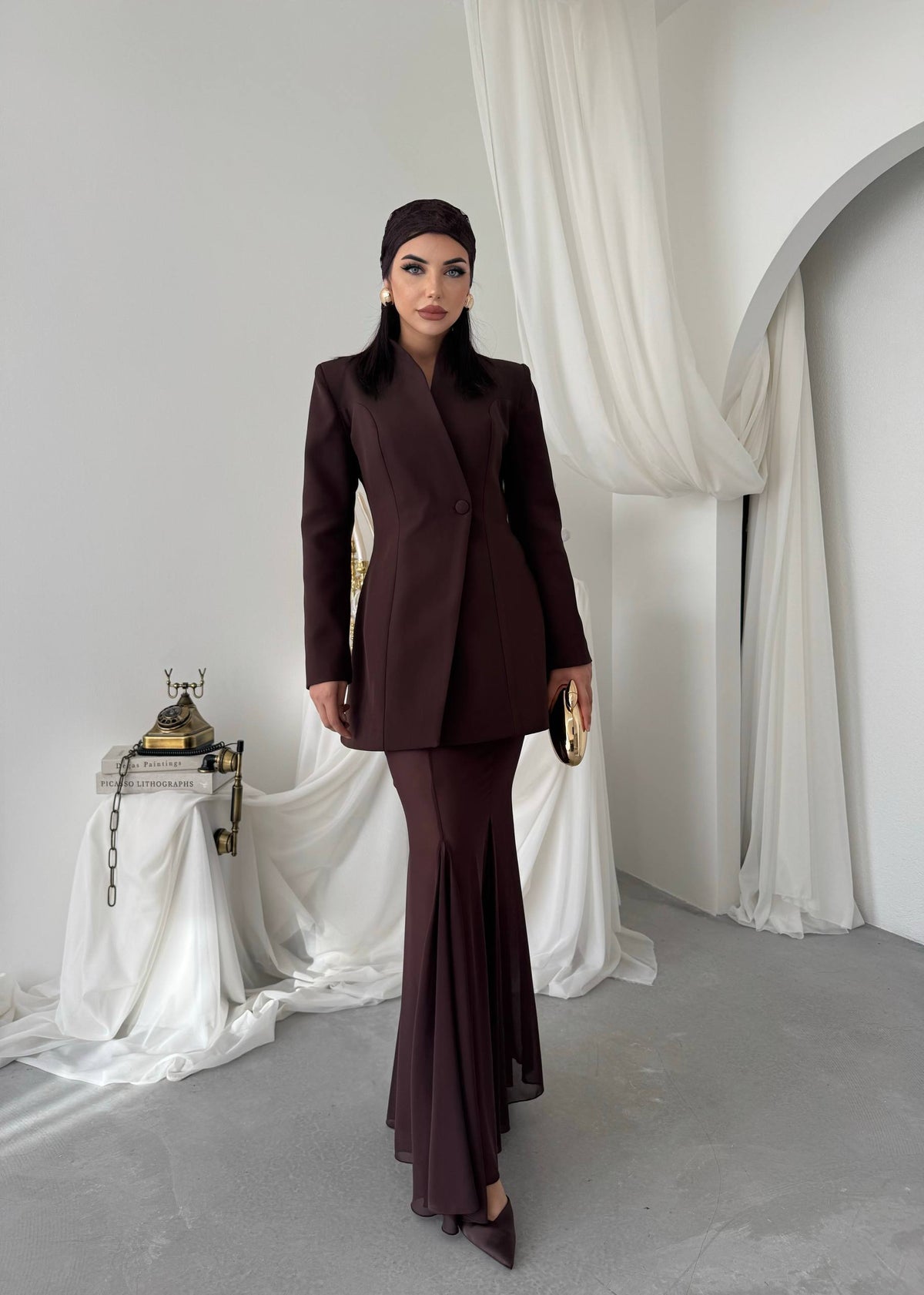 Yaka Detaylı Blazer Ceket Şifon Etek Takım - Uzun Kollu Kadın Takım Elbise